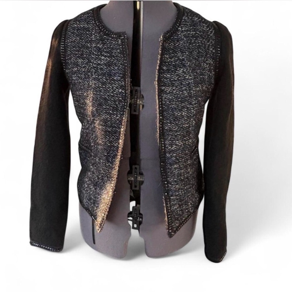 Robert Graham Black and Gray Tweed Textured Blazer with Embellishment